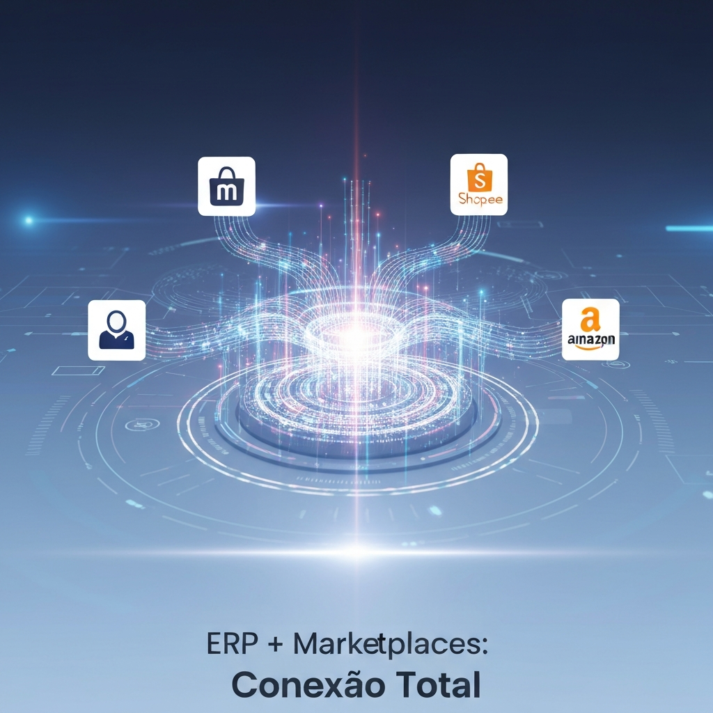 Imagem conceitual de um sistema ERP centralizado conectando-se a ícones estilizados do Mercado Livre, Shopee e Amazon, simbolizando a integração e automação para gestão eficiente de múltiplos marketplaces. O texto