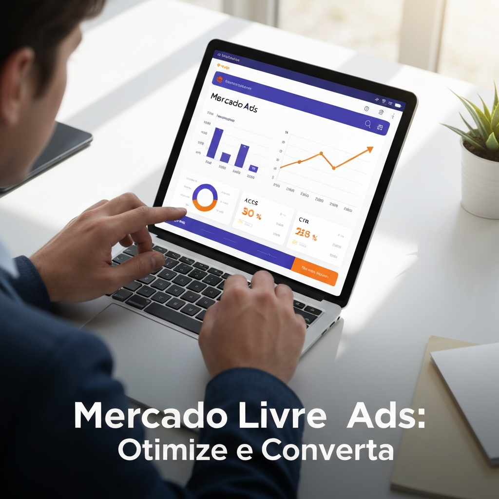 Hands interacting with a tablet displaying a Mercado Livre Ads dashboard with conversion metrics and growth graphs, representing the